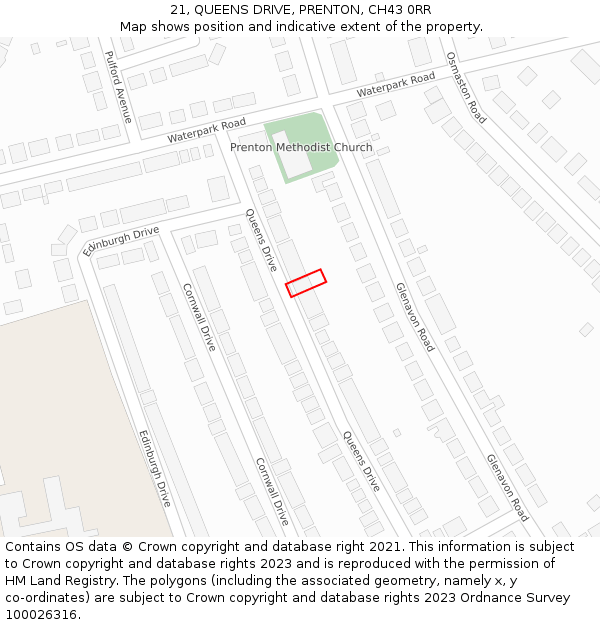 21, QUEENS DRIVE, PRENTON, CH43 0RR: Location map and indicative extent of plot