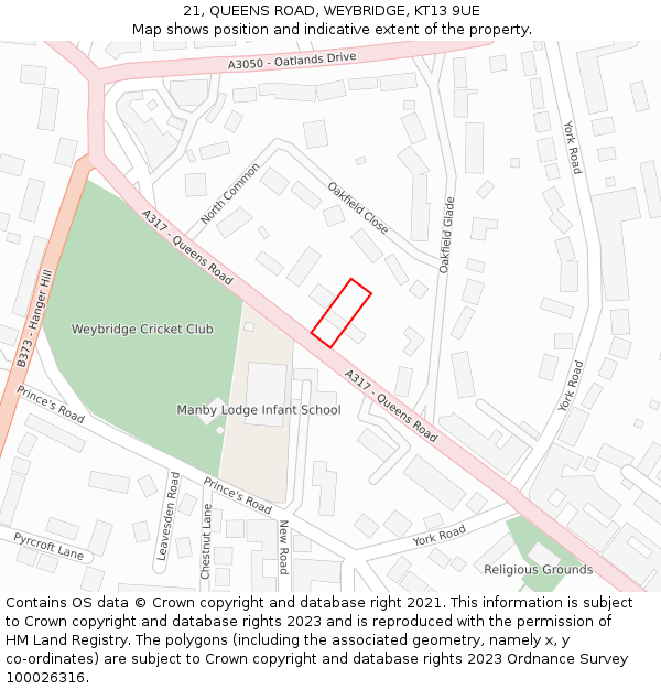 21, QUEENS ROAD, WEYBRIDGE, KT13 9UE: Location map and indicative extent of plot