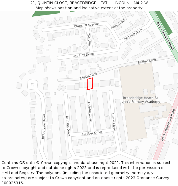 21, QUINTIN CLOSE, BRACEBRIDGE HEATH, LINCOLN, LN4 2LW: Location map and indicative extent of plot