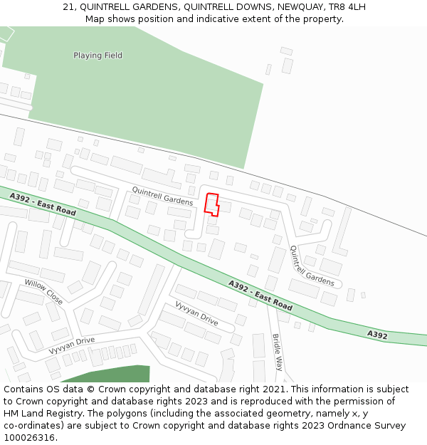 21, QUINTRELL GARDENS, QUINTRELL DOWNS, NEWQUAY, TR8 4LH: Location map and indicative extent of plot