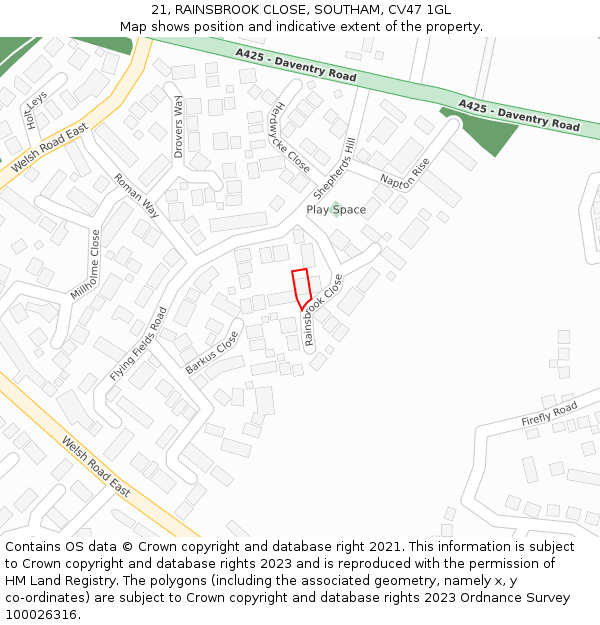 21, RAINSBROOK CLOSE, SOUTHAM, CV47 1GL: Location map and indicative extent of plot
