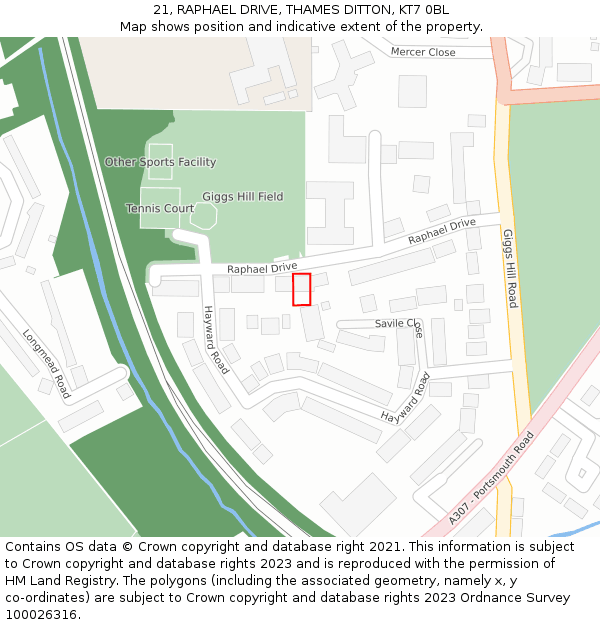 21, RAPHAEL DRIVE, THAMES DITTON, KT7 0BL: Location map and indicative extent of plot