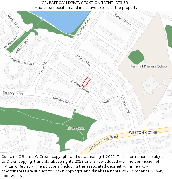 21, RATTIGAN DRIVE, STOKE-ON-TRENT, ST3 5RH: Location map and indicative extent of plot