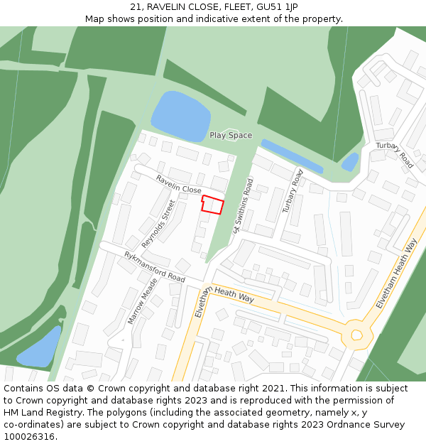 21, RAVELIN CLOSE, FLEET, GU51 1JP: Location map and indicative extent of plot