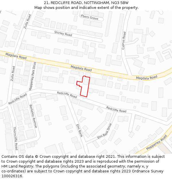 21, REDCLIFFE ROAD, NOTTINGHAM, NG3 5BW: Location map and indicative extent of plot