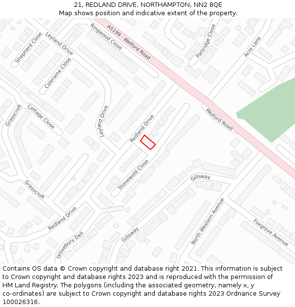 21, REDLAND DRIVE, NORTHAMPTON, NN2 8QE: Location map and indicative extent of plot