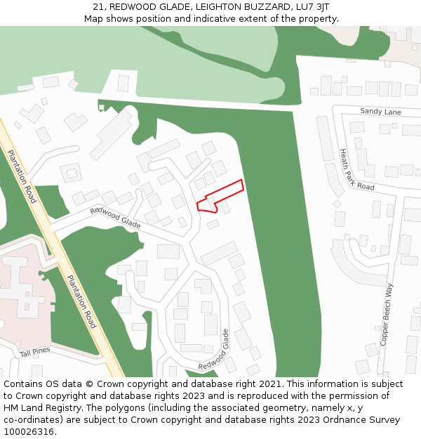 21, REDWOOD GLADE, LEIGHTON BUZZARD, LU7 3JT: Location map and indicative extent of plot
