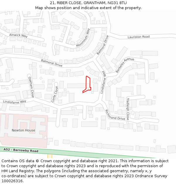 21, RIBER CLOSE, GRANTHAM, NG31 8TU: Location map and indicative extent of plot