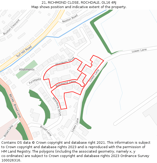 21, RICHMOND CLOSE, ROCHDALE, OL16 4RJ: Location map and indicative extent of plot