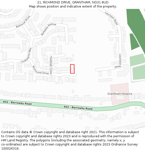 21, RICHMOND DRIVE, GRANTHAM, NG31 8UD: Location map and indicative extent of plot