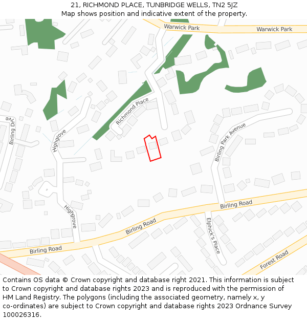 21, RICHMOND PLACE, TUNBRIDGE WELLS, TN2 5JZ: Location map and indicative extent of plot