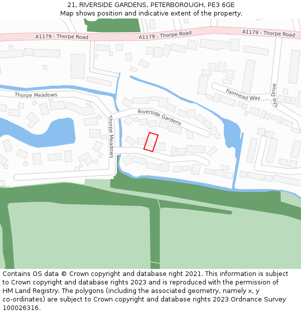 21, RIVERSIDE GARDENS, PETERBOROUGH, PE3 6GE: Location map and indicative extent of plot
