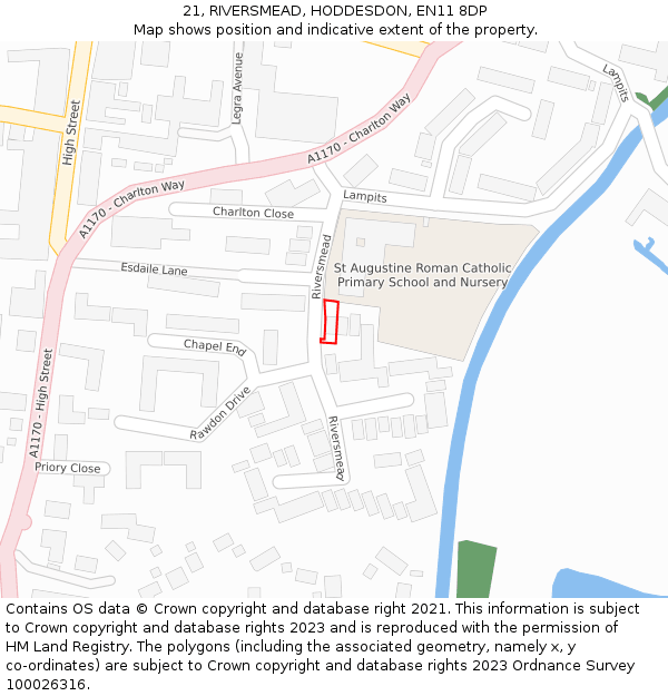 21, RIVERSMEAD, HODDESDON, EN11 8DP: Location map and indicative extent of plot