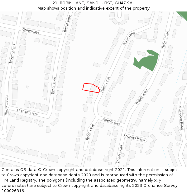 21, ROBIN LANE, SANDHURST, GU47 9AU: Location map and indicative extent of plot