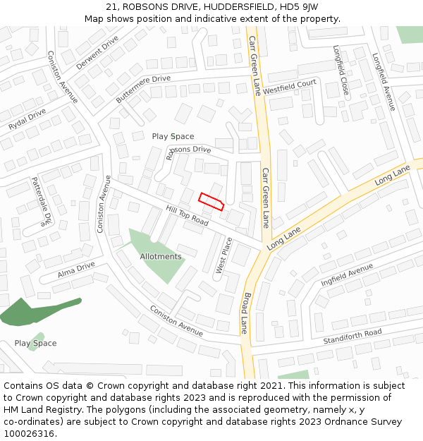 21, ROBSONS DRIVE, HUDDERSFIELD, HD5 9JW: Location map and indicative extent of plot