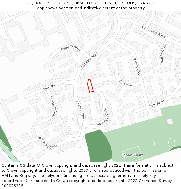 21, ROCHESTER CLOSE, BRACEBRIDGE HEATH, LINCOLN, LN4 2UN: Location map and indicative extent of plot