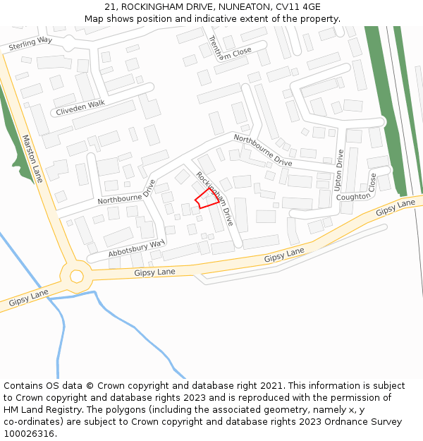 21, ROCKINGHAM DRIVE, NUNEATON, CV11 4GE: Location map and indicative extent of plot
