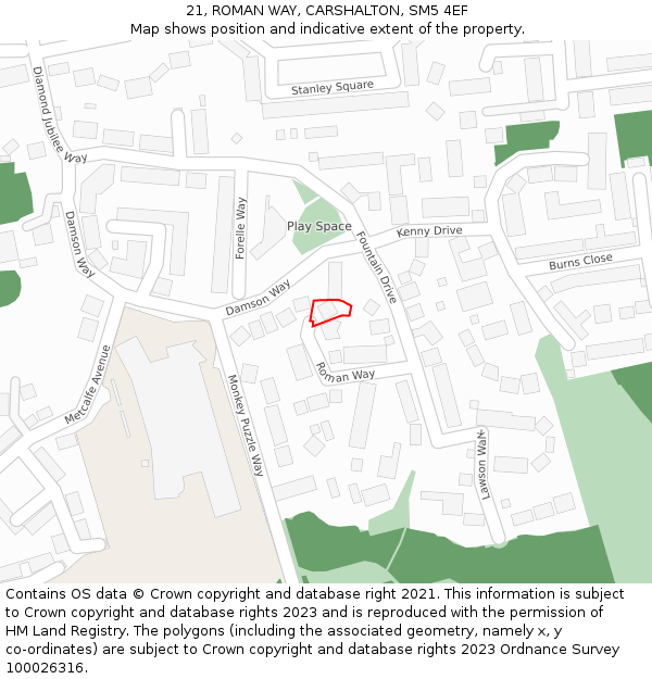 21, ROMAN WAY, CARSHALTON, SM5 4EF: Location map and indicative extent of plot