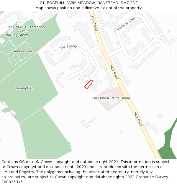 21, ROSEHILL FARM MEADOW, BANSTEAD, SM7 3DE: Location map and indicative extent of plot