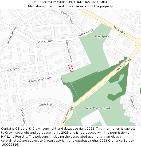 21, ROSEMARY GARDENS, THATCHAM, RG18 4BA: Location map and indicative extent of plot