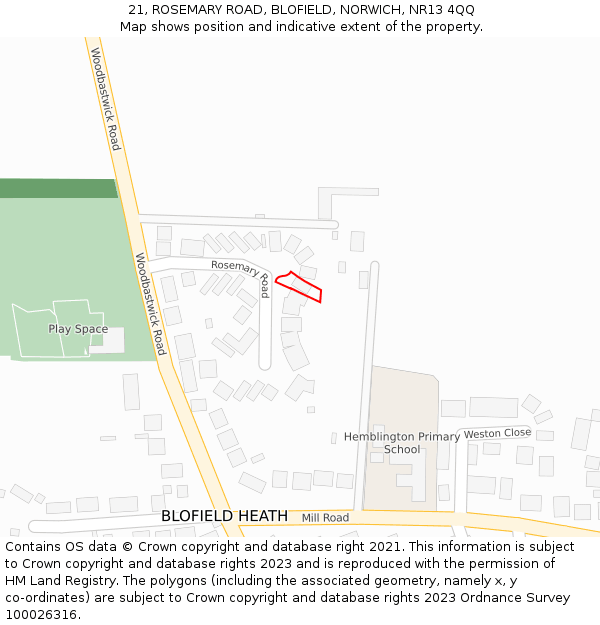 21, ROSEMARY ROAD, BLOFIELD, NORWICH, NR13 4QQ: Location map and indicative extent of plot