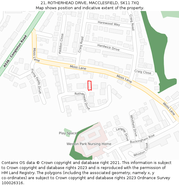 21, ROTHERHEAD DRIVE, MACCLESFIELD, SK11 7XQ: Location map and indicative extent of plot