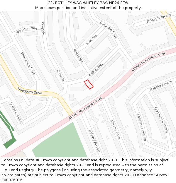 21, ROTHLEY WAY, WHITLEY BAY, NE26 3EW: Location map and indicative extent of plot