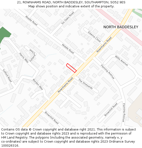 21, ROWNHAMS ROAD, NORTH BADDESLEY, SOUTHAMPTON, SO52 9ES: Location map and indicative extent of plot