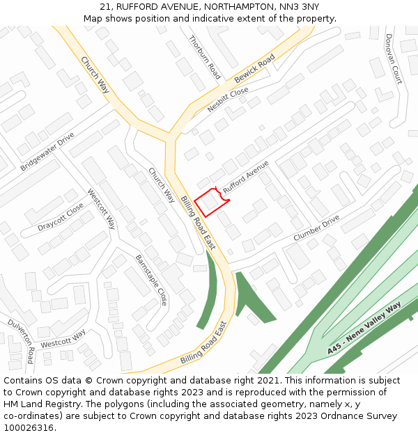 21, RUFFORD AVENUE, NORTHAMPTON, NN3 3NY: Location map and indicative extent of plot