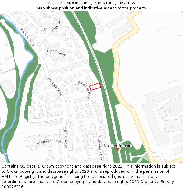 21, RUSHMOOR DRIVE, BRAINTREE, CM7 1TW: Location map and indicative extent of plot