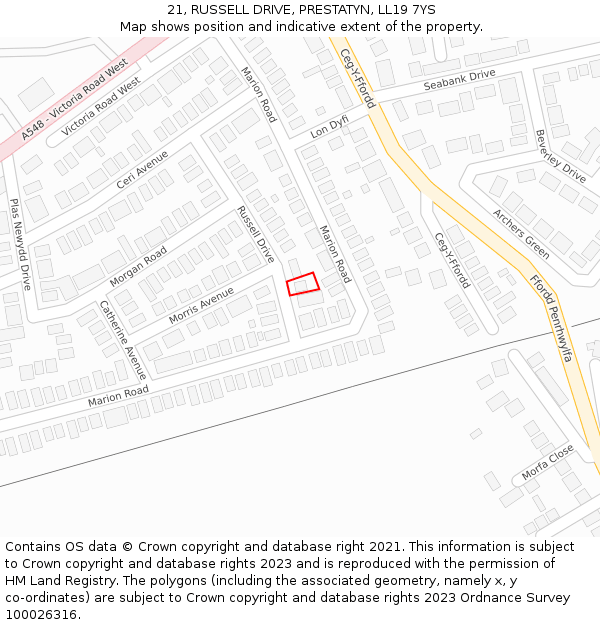 21, RUSSELL DRIVE, PRESTATYN, LL19 7YS: Location map and indicative extent of plot