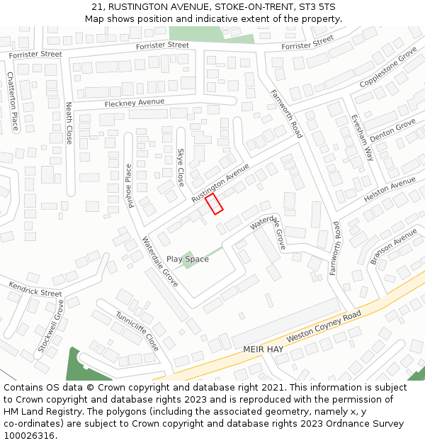 21, RUSTINGTON AVENUE, STOKE-ON-TRENT, ST3 5TS: Location map and indicative extent of plot