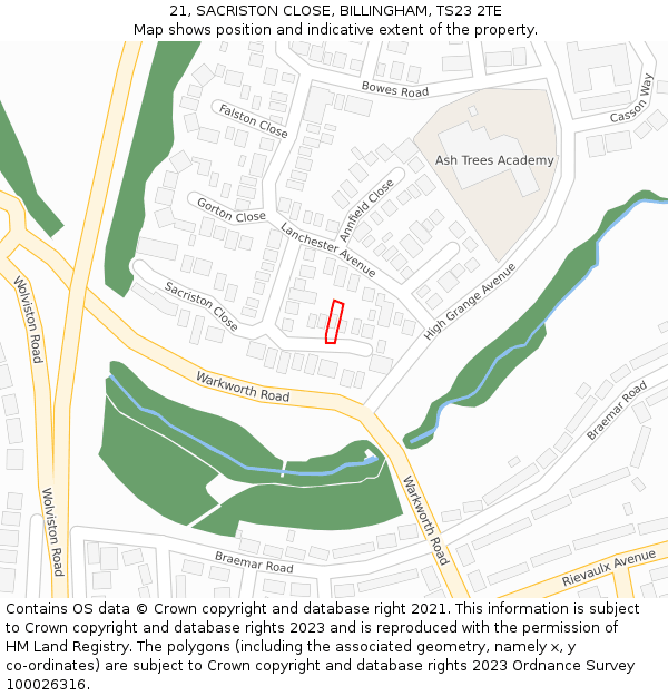 21, SACRISTON CLOSE, BILLINGHAM, TS23 2TE: Location map and indicative extent of plot