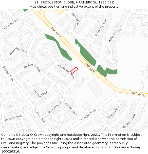 21, SADDLESTON CLOSE, HARTLEPOOL, TS26 0EZ: Location map and indicative extent of plot