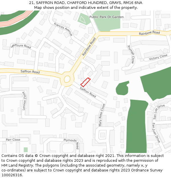 21, SAFFRON ROAD, CHAFFORD HUNDRED, GRAYS, RM16 6NA: Location map and indicative extent of plot