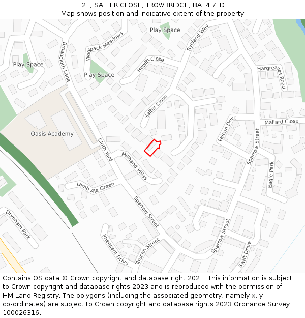 21, SALTER CLOSE, TROWBRIDGE, BA14 7TD: Location map and indicative extent of plot