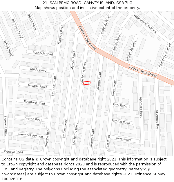 21, SAN REMO ROAD, CANVEY ISLAND, SS8 7LG: Location map and indicative extent of plot