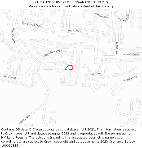 21, SANDBOURNE CLOSE, SWANAGE, BH19 2LQ: Location map and indicative extent of plot