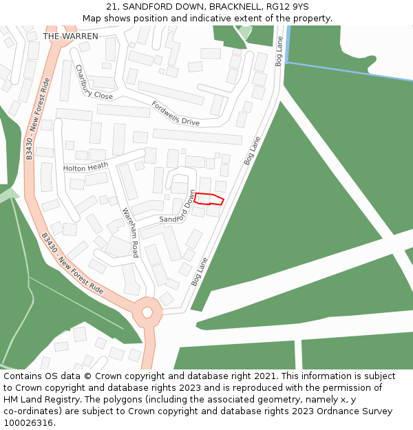 21, SANDFORD DOWN, BRACKNELL, RG12 9YS: Location map and indicative extent of plot