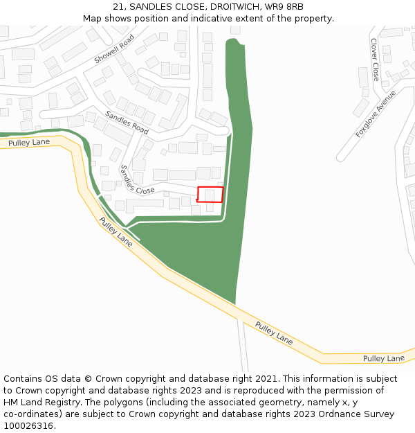 21, SANDLES CLOSE, DROITWICH, WR9 8RB: Location map and indicative extent of plot