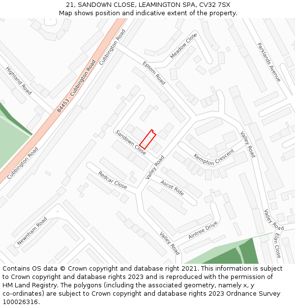 21, SANDOWN CLOSE, LEAMINGTON SPA, CV32 7SX: Location map and indicative extent of plot