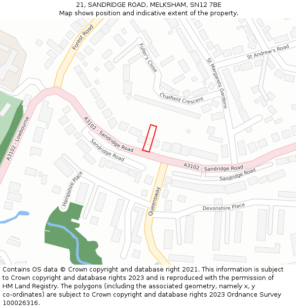 21, SANDRIDGE ROAD, MELKSHAM, SN12 7BE: Location map and indicative extent of plot