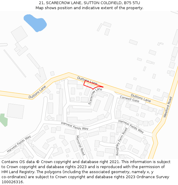 21, SCARECROW LANE, SUTTON COLDFIELD, B75 5TU: Location map and indicative extent of plot