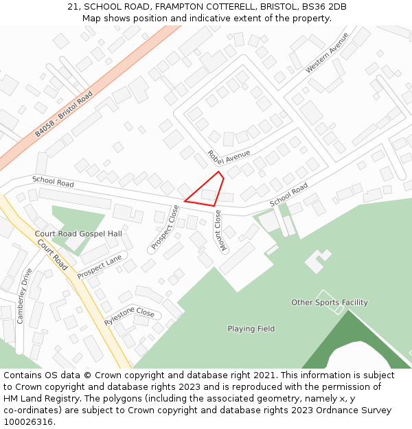 21, SCHOOL ROAD, FRAMPTON COTTERELL, BRISTOL, BS36 2DB: Location map and indicative extent of plot