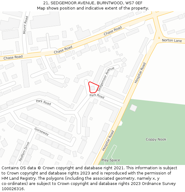 21, SEDGEMOOR AVENUE, BURNTWOOD, WS7 0EF: Location map and indicative extent of plot