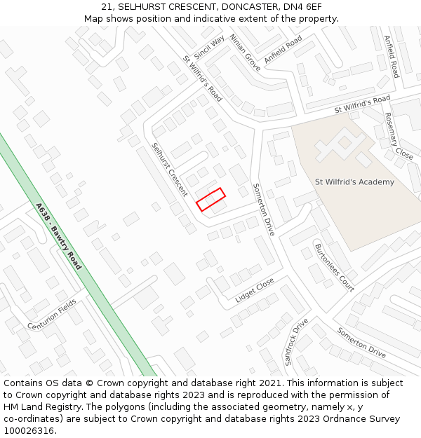 21, SELHURST CRESCENT, DONCASTER, DN4 6EF: Location map and indicative extent of plot