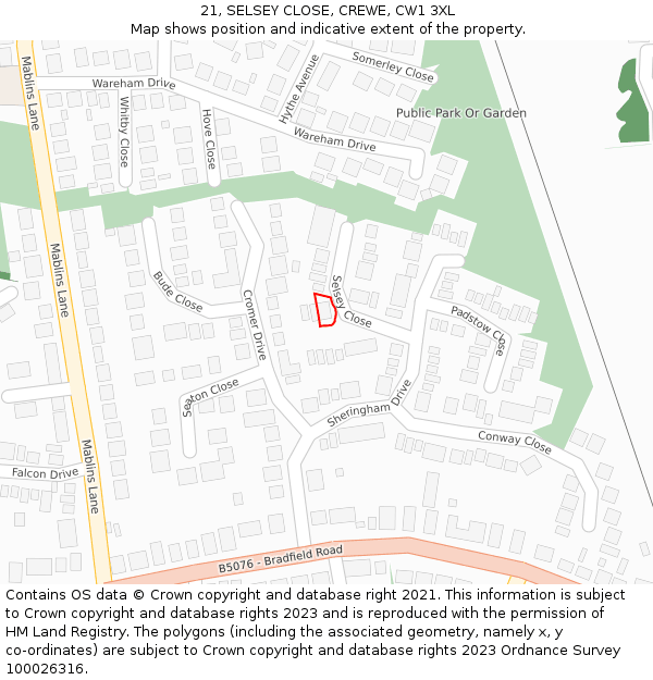 21, SELSEY CLOSE, CREWE, CW1 3XL: Location map and indicative extent of plot