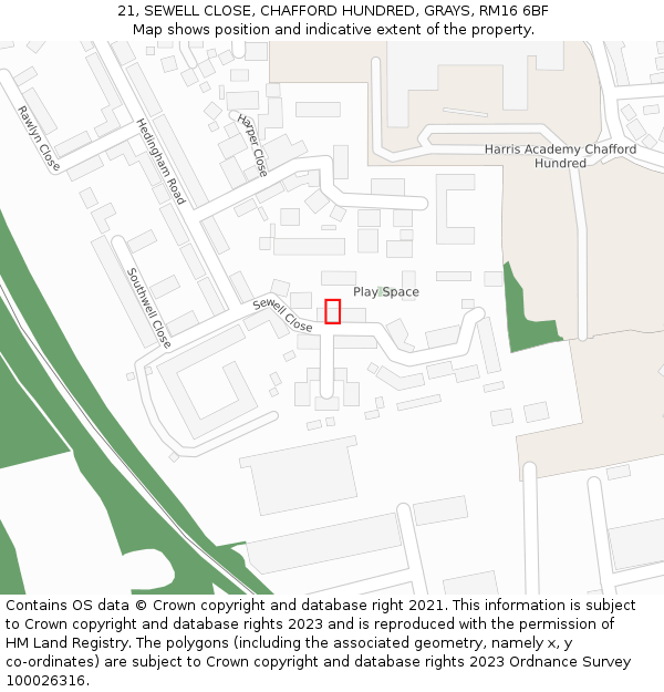 21, SEWELL CLOSE, CHAFFORD HUNDRED, GRAYS, RM16 6BF: Location map and indicative extent of plot