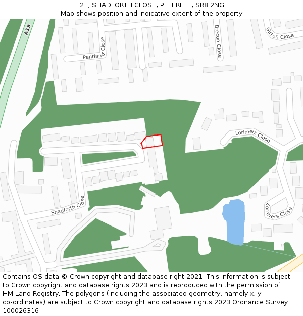 21, SHADFORTH CLOSE, PETERLEE, SR8 2NG: Location map and indicative extent of plot