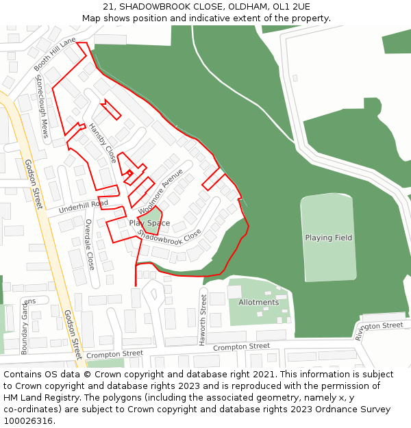 21, SHADOWBROOK CLOSE, OLDHAM, OL1 2UE: Location map and indicative extent of plot